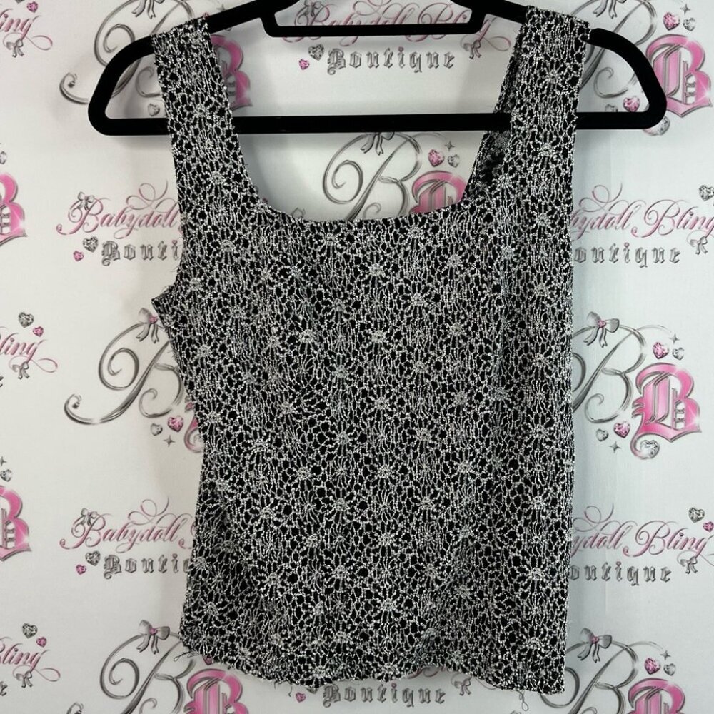 NICOLA tank top crochet detail Black and White silver Floral Tank Top cami